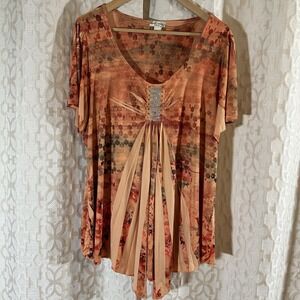 World Unity Women's Blouse Top Orange  Embellished Short Sleeve Boho Size 1X